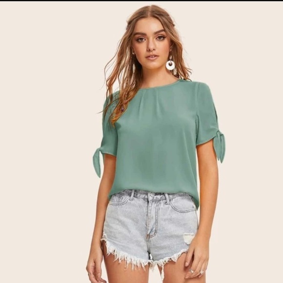 NEW! Short Sleeve Teal Top with cut out tie sleeves. Business Attire Casual Top - Picture 3 of 4